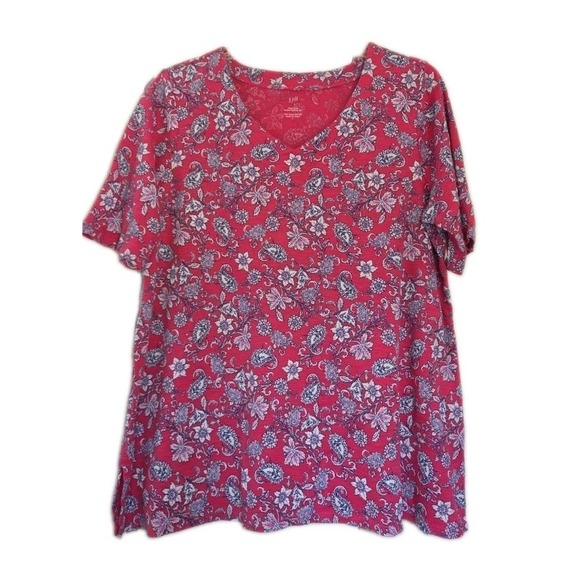 J. Jill Tops - J. Jill Pima Slub Elbow Sleeve Floral Paisley Pink V Neck Tee Large